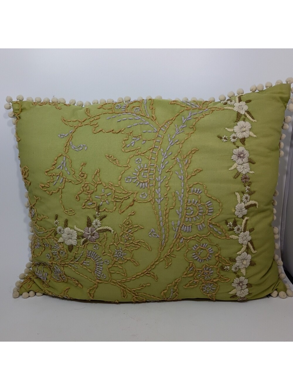Rectangle Embroidered Tasseled Decorator Pillow Green Floral Bohemian Cottage